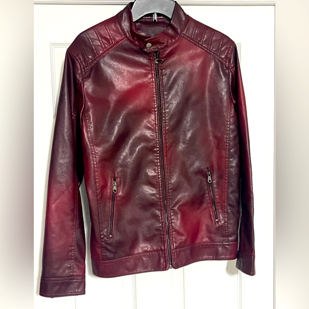 Red Leather Motorcycle Jacket with Stand-Up Collar
